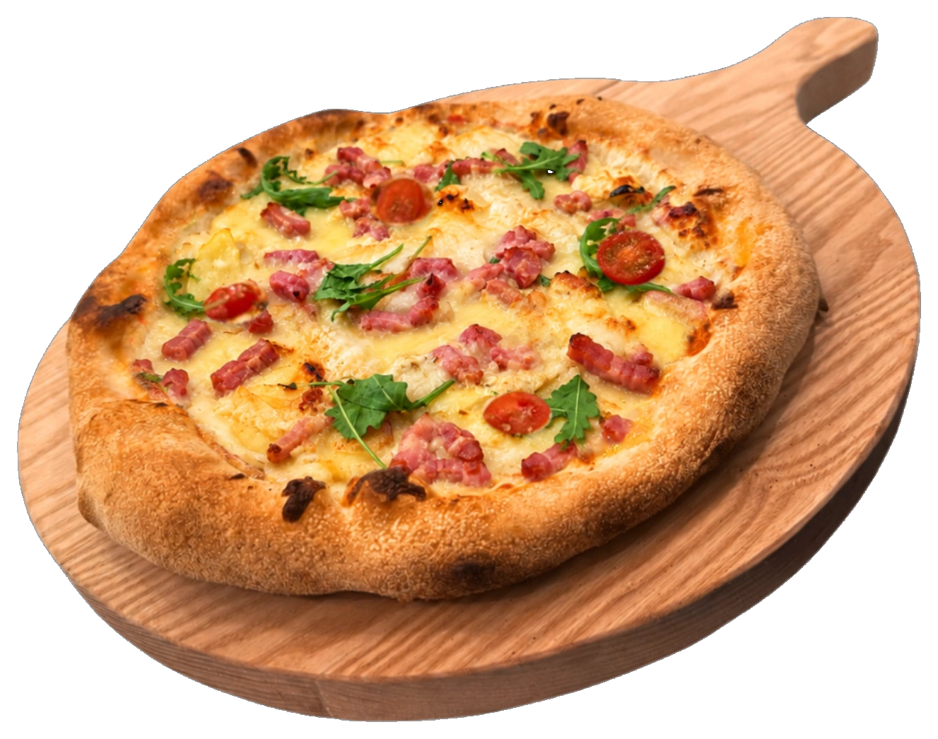 Pizza artisanale Chez Charles sur planche en bois